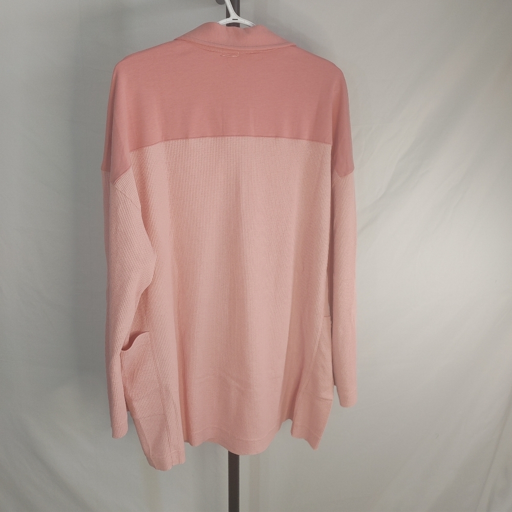 Waffle Knit Polo Tunic Top XL Peach Pink Oversized Thermal Long Sleeve Pockets - Picture 6 of 8